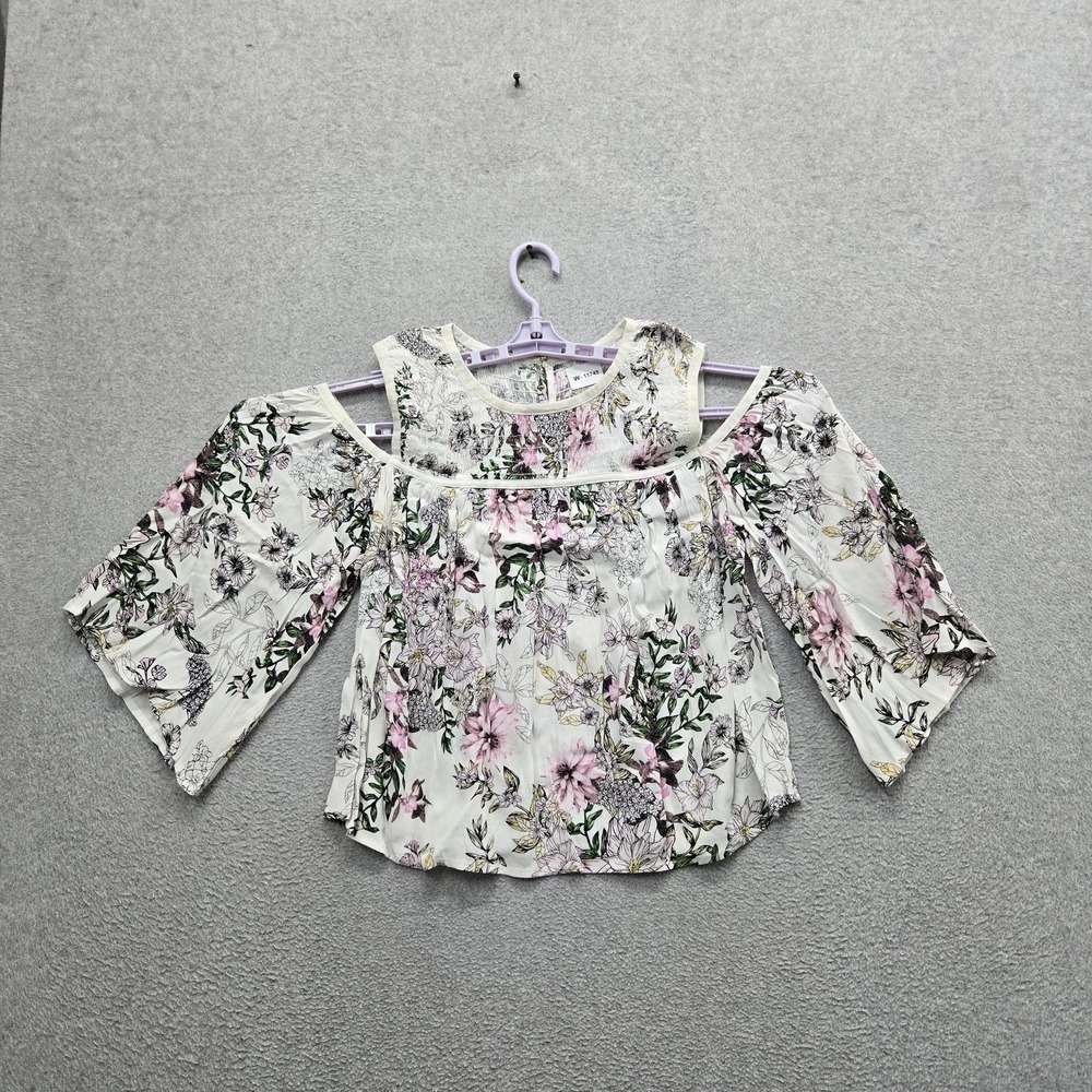 Guess Women Blouse L White Floral  Long Sleeve Cold Shoulder Flirt Top